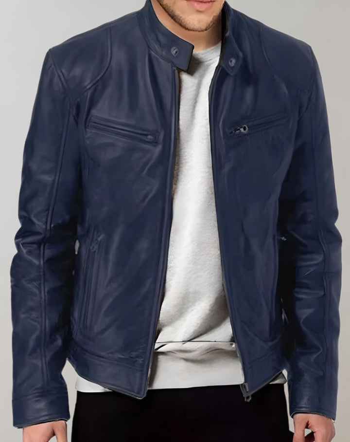 W&W Mode - Gut sitzende glänzende Lederjacke mit Reißverschluss für Herren Jacke