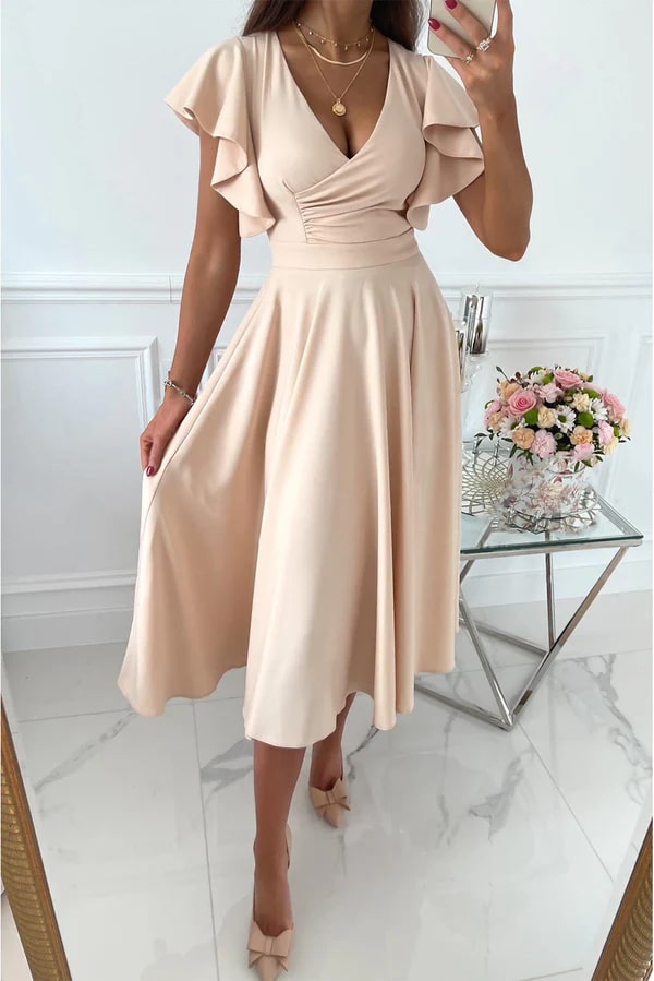 WW | Elegantes Midi Kleid Mit Schmetterlingsärmeln
