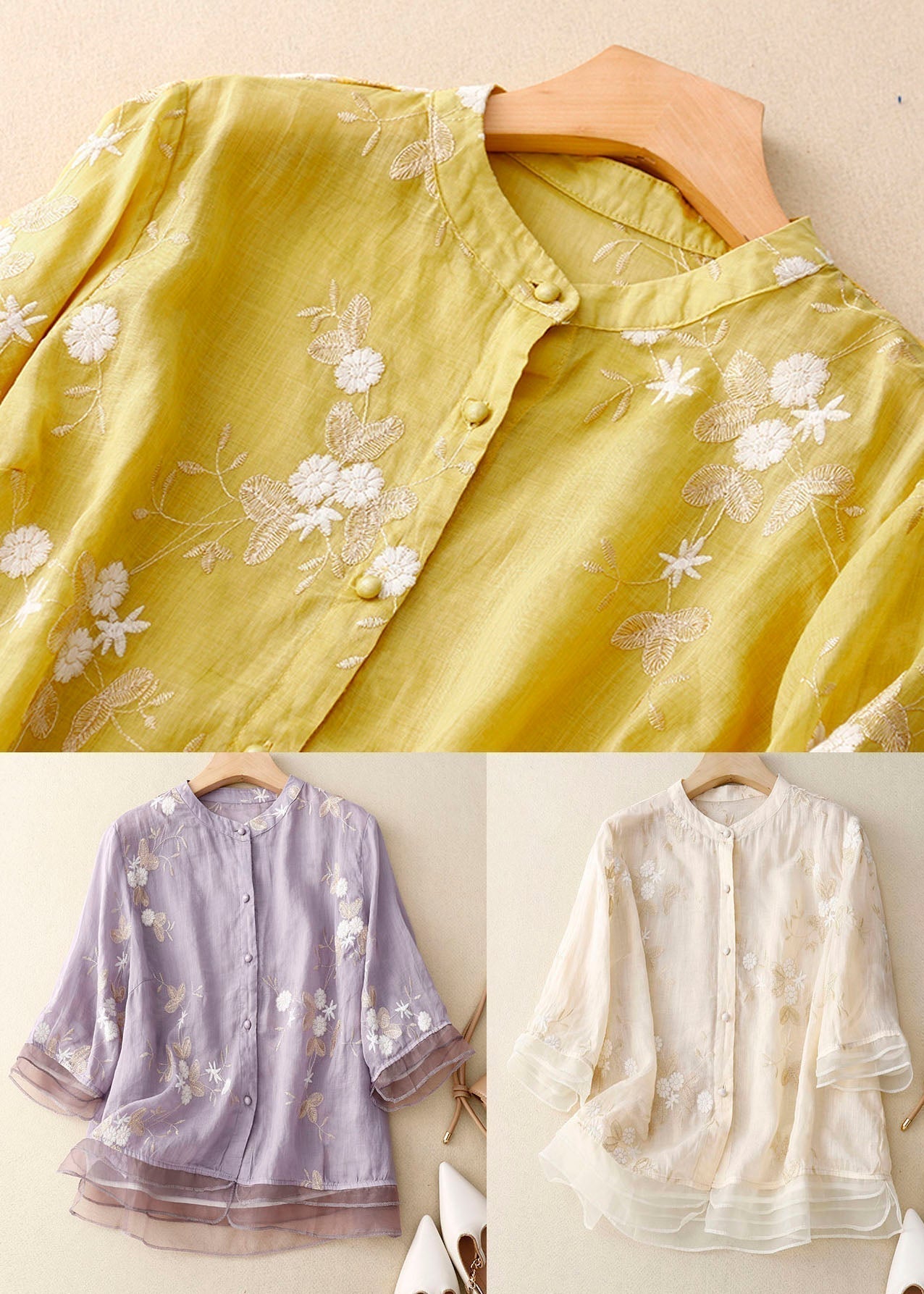WW | Bestickte Baumwoll Leinen Bluse