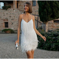 WW | Spagetti Träger Federn Minikleid Partykleid