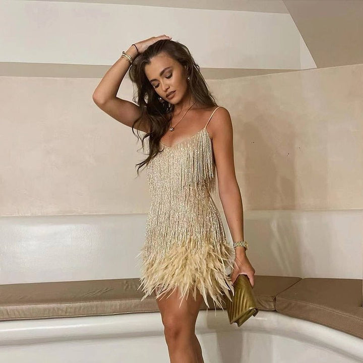 W&W Mode | Spagetti Träger Federn Minikleid Partykleid