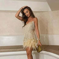 WW | Spagetti Träger Federn Minikleid Partykleid