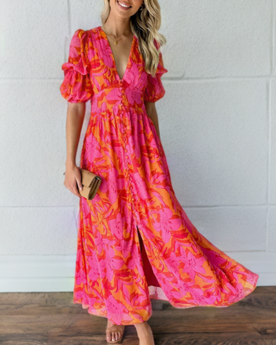 W&W Mode | Elegantes Kleid mit Puffärmeln und tiefem V-Ausschnitt Druck