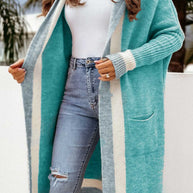 Marianne™ - Lange Strickjacke mit kontrastierendem Kapuzenpullover und offener Vorderseite