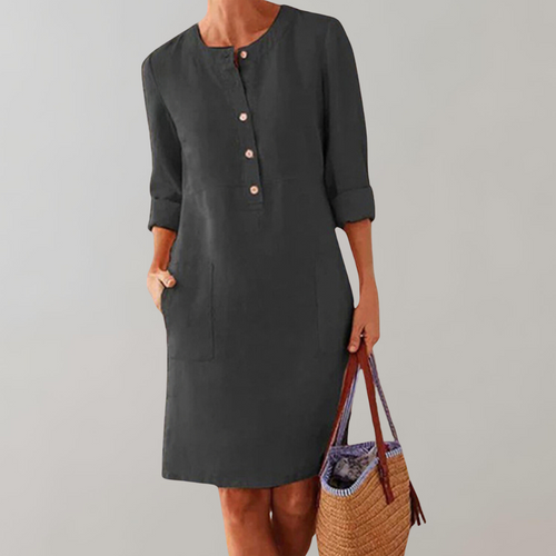 WW - bequemes Hemdkleid Damen | Button-Down-Front-Damenkleid | Zeitloses Kleid mit Dreiviertelärmeln