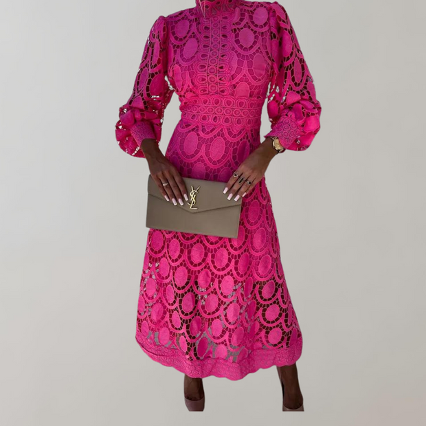 WW - Midikleid mit hohem Halsausschnitt und Spitzendetails | Kleid mit Puffärmeln und taillierten Bündchen