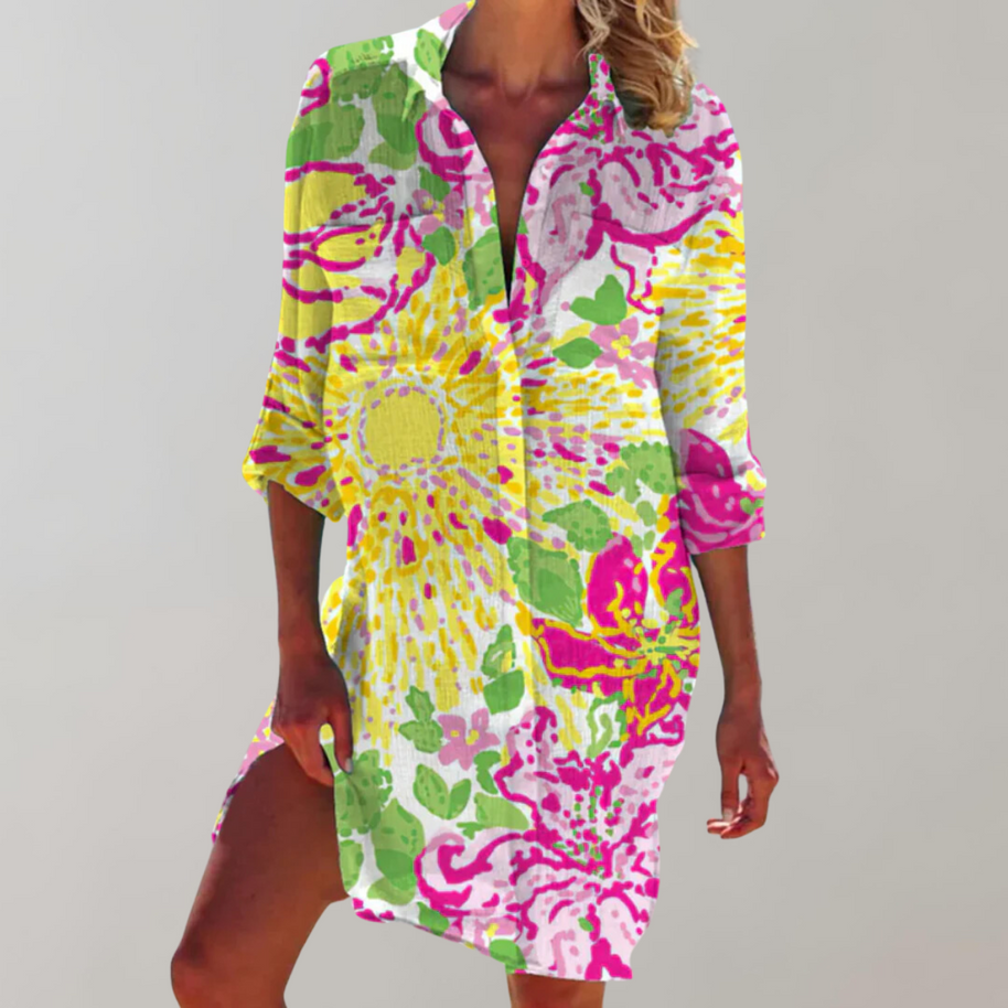 WW - Gemustertes Hemdblusenkleid | Buntes Midikleid Sommer
