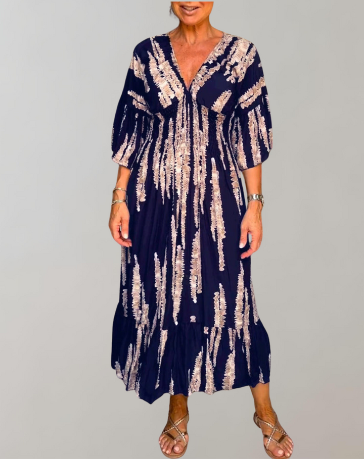 W&W Mode - Bedrucktes Maxikleid | Abendkleid für Damen | fließendes Maxikleid mit V-Ausschnitt
