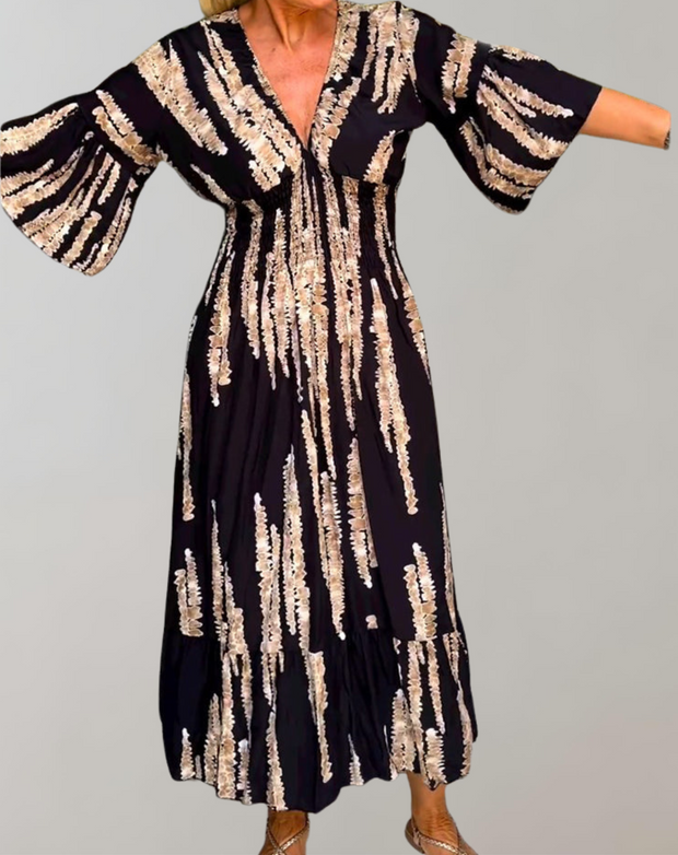 WW - Bedrucktes Maxikleid | Abendkleid für Damen | fließendes Maxikleid mit V-Ausschnitt