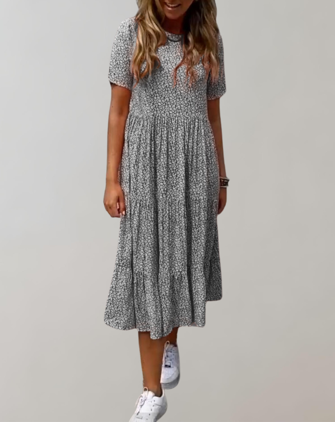 WW - Lässiges, kurzärmliges Midikleid mit Blumenmuster | fließendes Kleid für Damen