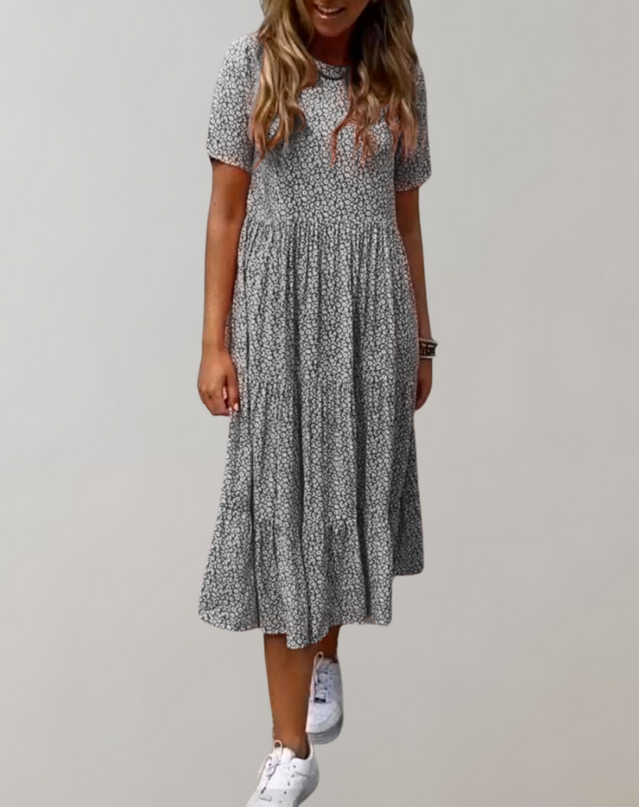 WW - Lässiges, kurzärmliges Midikleid mit Blumenmuster | fließendes Kleid für Damen