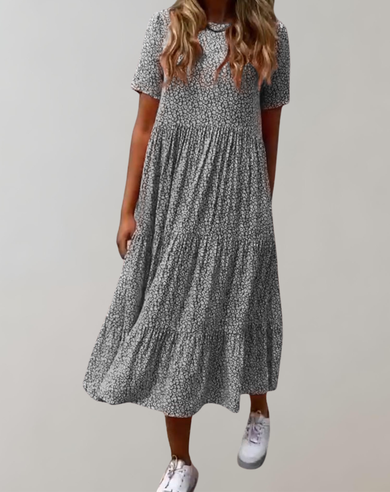 WW - Lässiges, kurzärmliges Midikleid mit Blumenmuster | fließendes Kleid für Damen