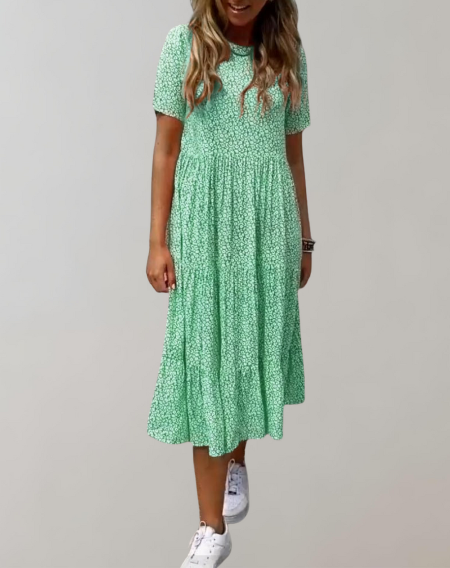 WW - Lässiges, kurzärmliges Midikleid mit Blumenmuster | fließendes Kleid für Damen