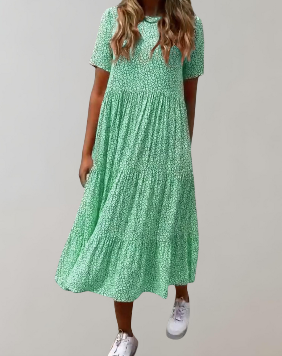 WW - Lässiges, kurzärmliges Midikleid mit Blumenmuster | fließendes Kleid für Damen