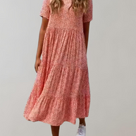 WW - Lässiges, kurzärmliges Midikleid mit Blumenmuster | fließendes Kleid für Damen
