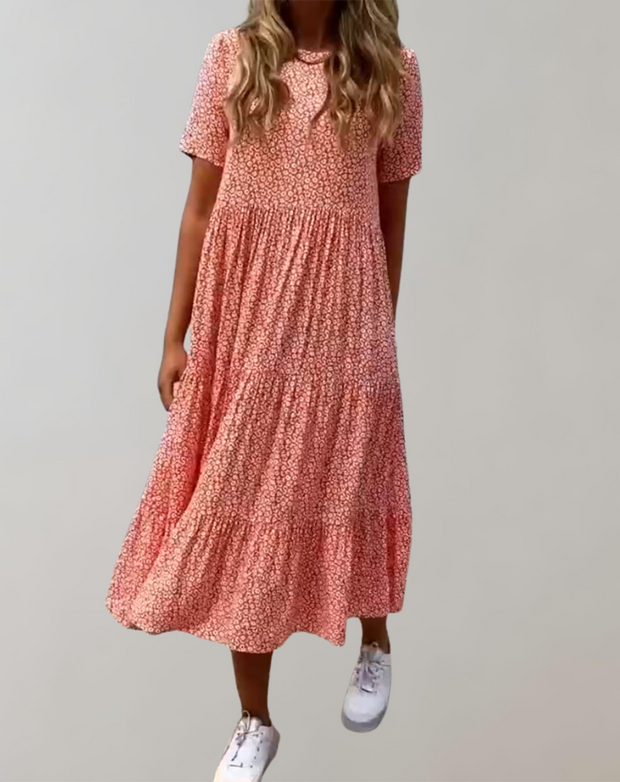 WW - Lässiges, kurzärmliges Midikleid mit Blumenmuster | fließendes Kleid für Damen