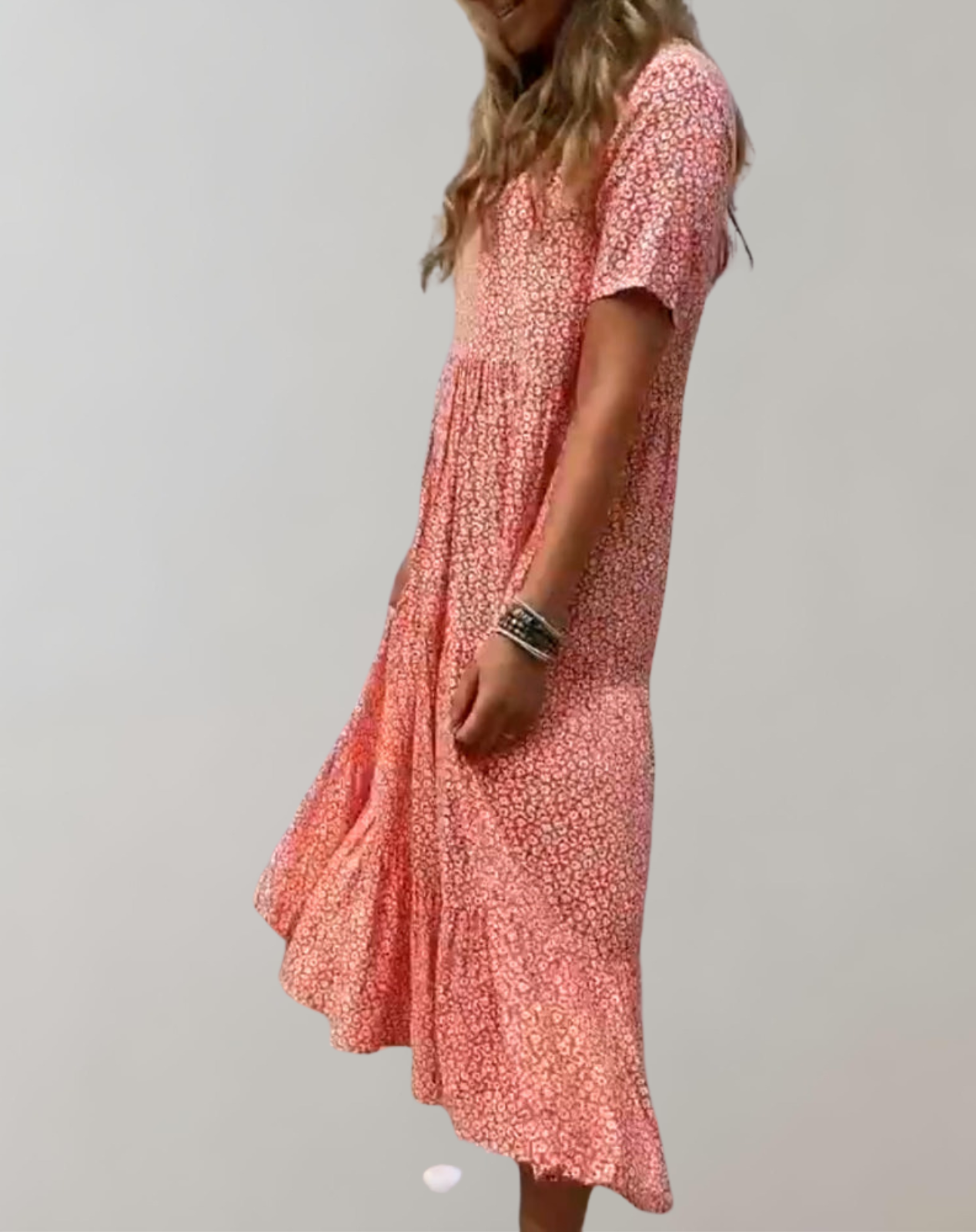 WW - Lässiges, kurzärmliges Midikleid mit Blumenmuster | fließendes Kleid für Damen