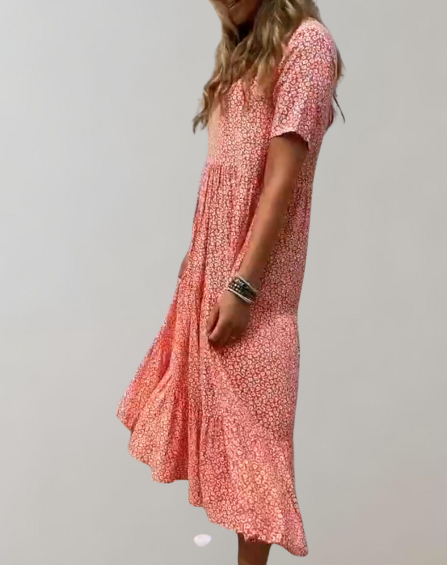 WW - Lässiges, kurzärmliges Midikleid mit Blumenmuster | fließendes Kleid für Damen