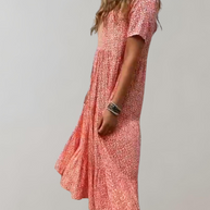 WW - Lässiges, kurzärmliges Midikleid mit Blumenmuster | fließendes Kleid für Damen