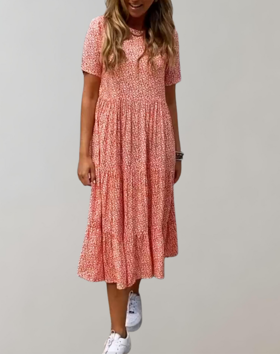 WW - Lässiges, kurzärmliges Midikleid mit Blumenmuster | fließendes Kleid für Damen