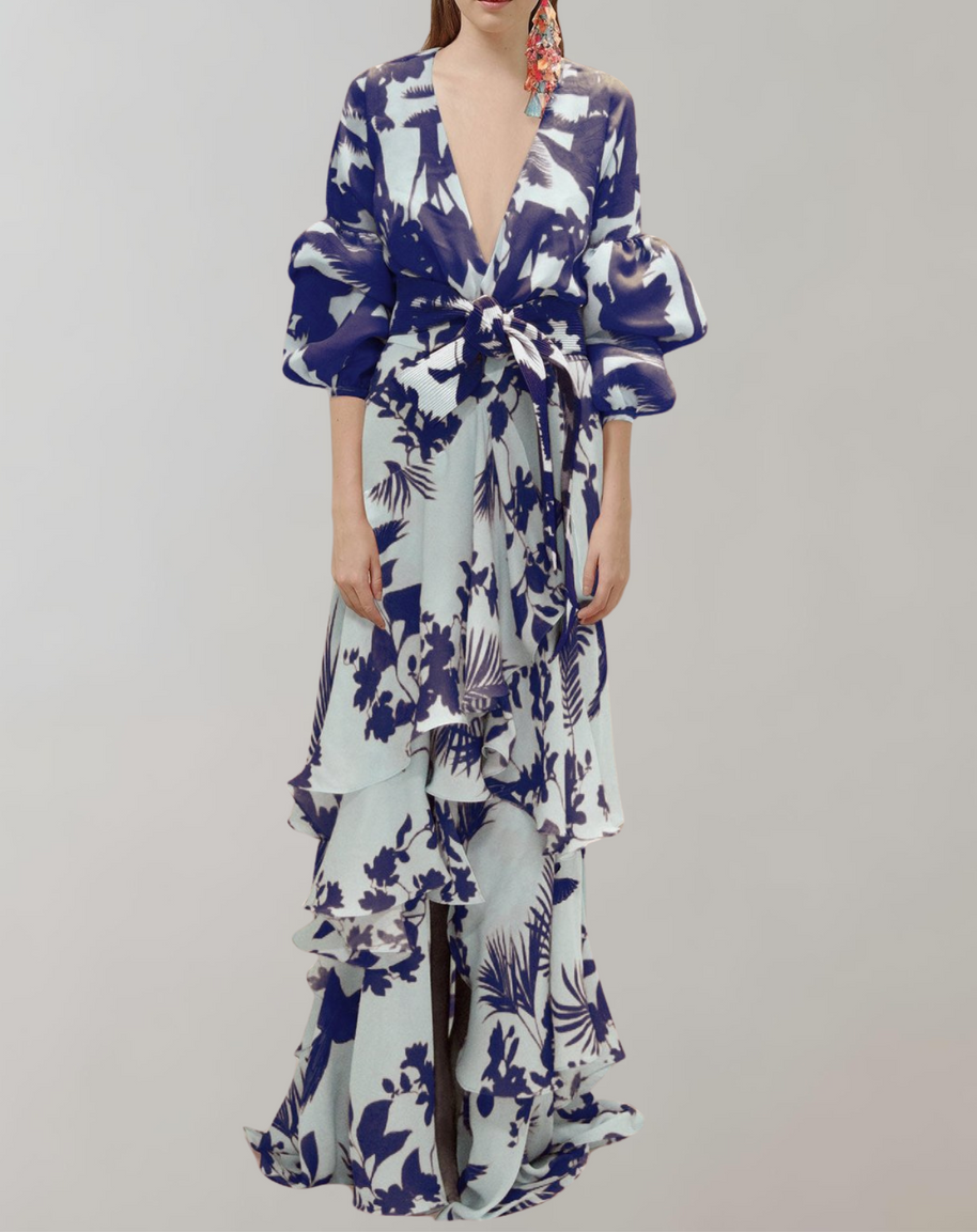 WW - Maxikleid bedruckt | Taillenbundkleid mit Puffärmeln | Gehäkeltes Maxikleid