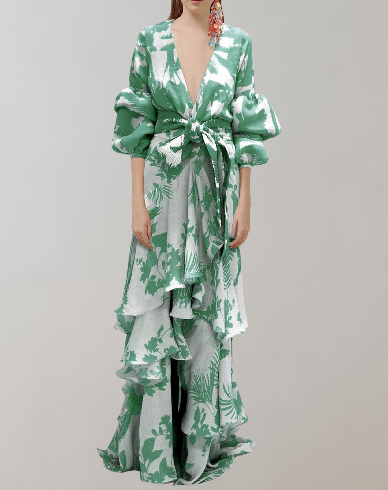 WW - Maxikleid bedruckt | Taillenbundkleid mit Puffärmeln | Gehäkeltes Maxikleid