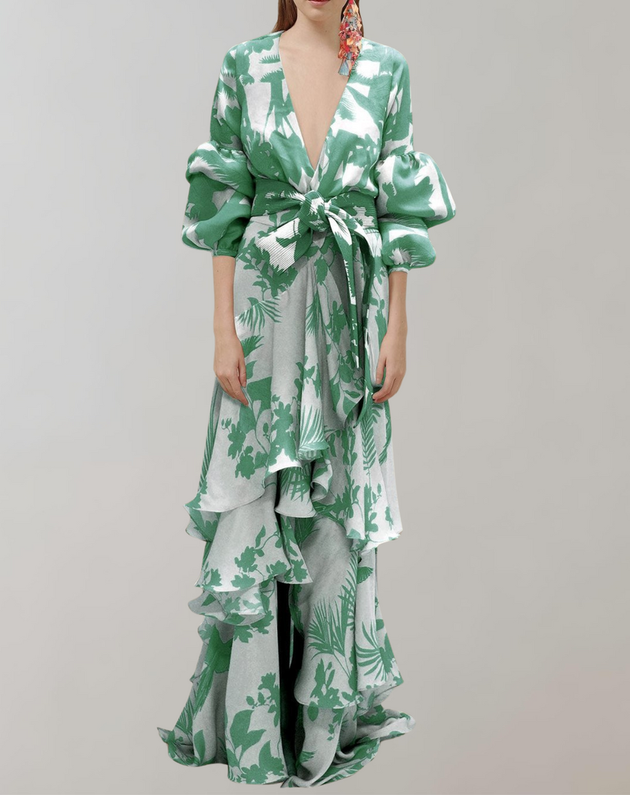 WW - Maxikleid bedruckt | Taillenbundkleid mit Puffärmeln | Gehäkeltes Maxikleid