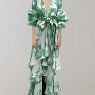 WW - Maxikleid bedruckt | Taillenbundkleid mit Puffärmeln | Gehäkeltes Maxikleid