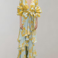 WW - Maxikleid bedruckt | Taillenbundkleid mit Puffärmeln | Gehäkeltes Maxikleid