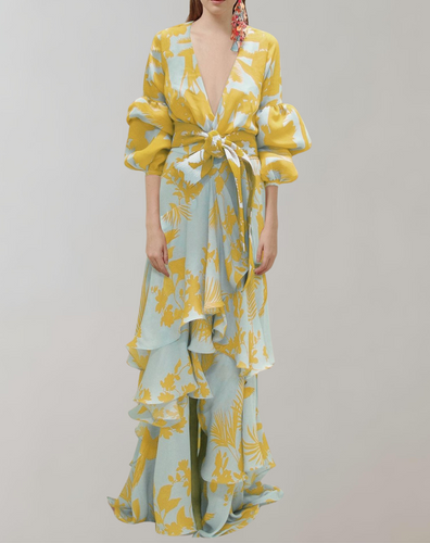 WW - Maxikleid bedruckt | Taillenbundkleid mit Puffärmeln | Gehäkeltes Maxikleid