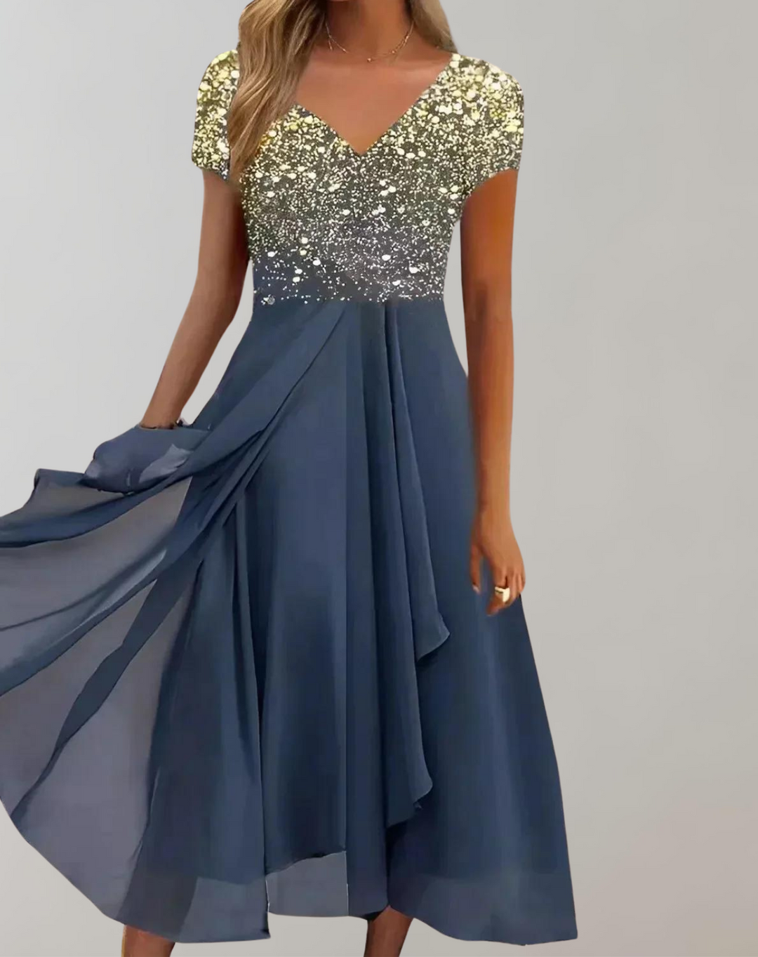 Luméa™ – Elegantes Abendkleid mit Blumen-Glanz & fließendem Rock