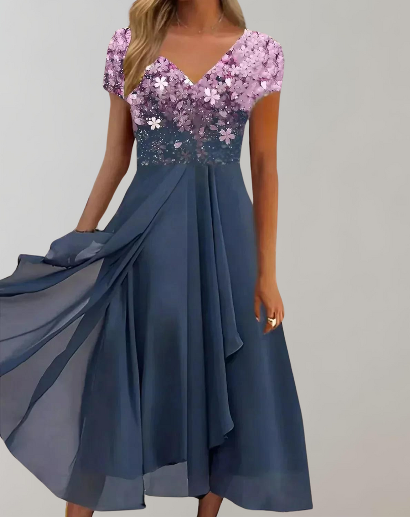Luméa™ – Elegantes Abendkleid mit Blumen-Glanz & fließendem Rock