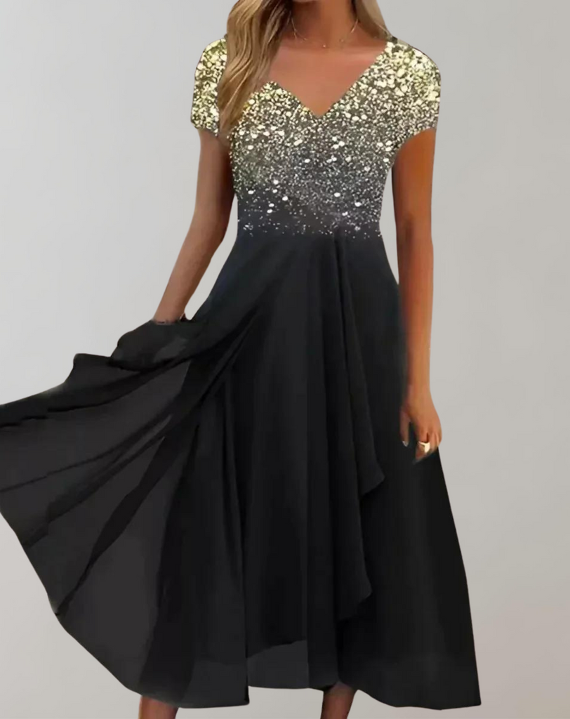 Luméa™ – Elegantes Abendkleid mit Blumen-Glanz & fließendem Rock