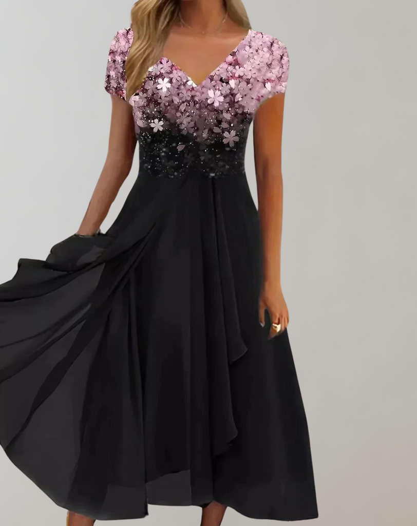 Luméa™ – Elegantes Abendkleid mit Blumen-Glanz & fließendem Rock