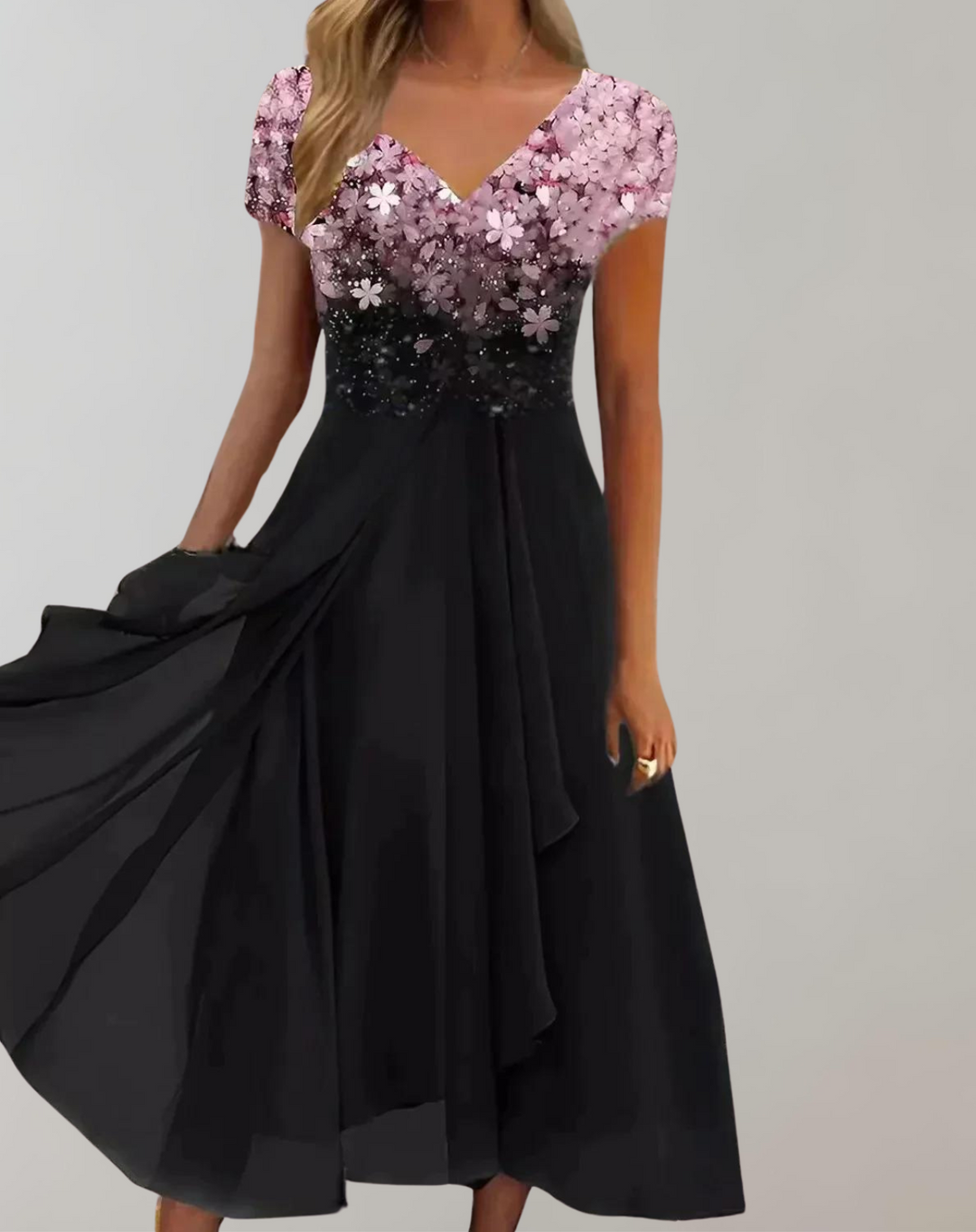 Luméa™ – Elegantes Abendkleid mit Blumen-Glanz & fließendem Rock