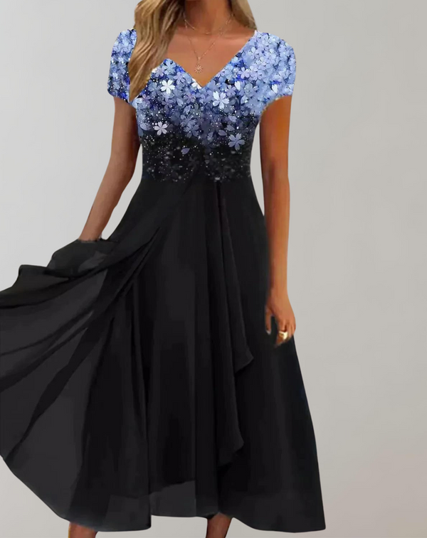 Luméa™ – Elegantes Abendkleid mit Blumen-Glanz & fließendem Rock