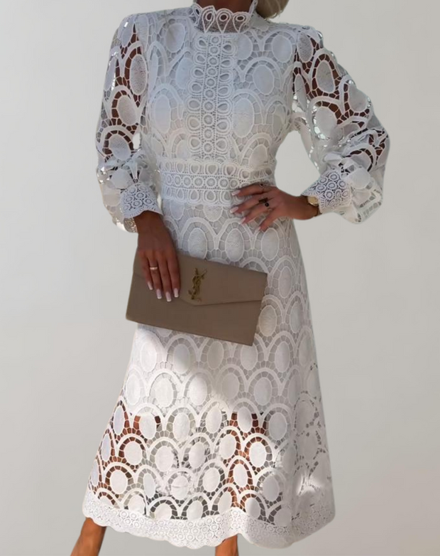 WW -Anspruchsvolles Midikleid aus weißer Spitze | Spitzenkleid im Vintage-Stil