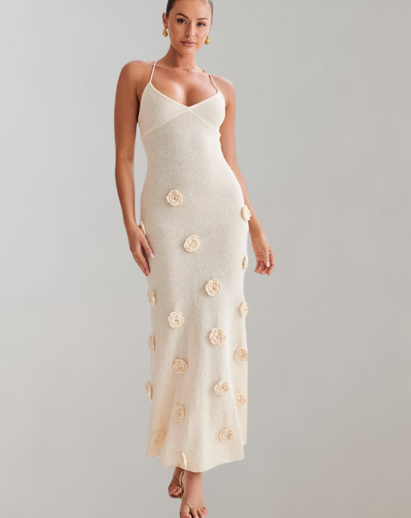 WW - Maxikleid mit Rosen Druck | Sommerkleid Tailliertes Eleganz