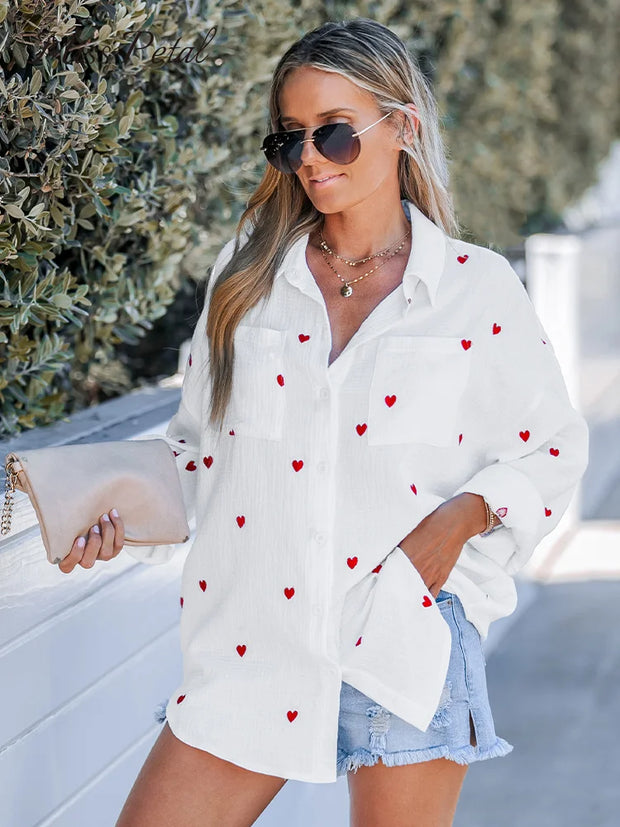 WW | Lässige Frühlingsbluse Mit Besticktem Herz Für Damen