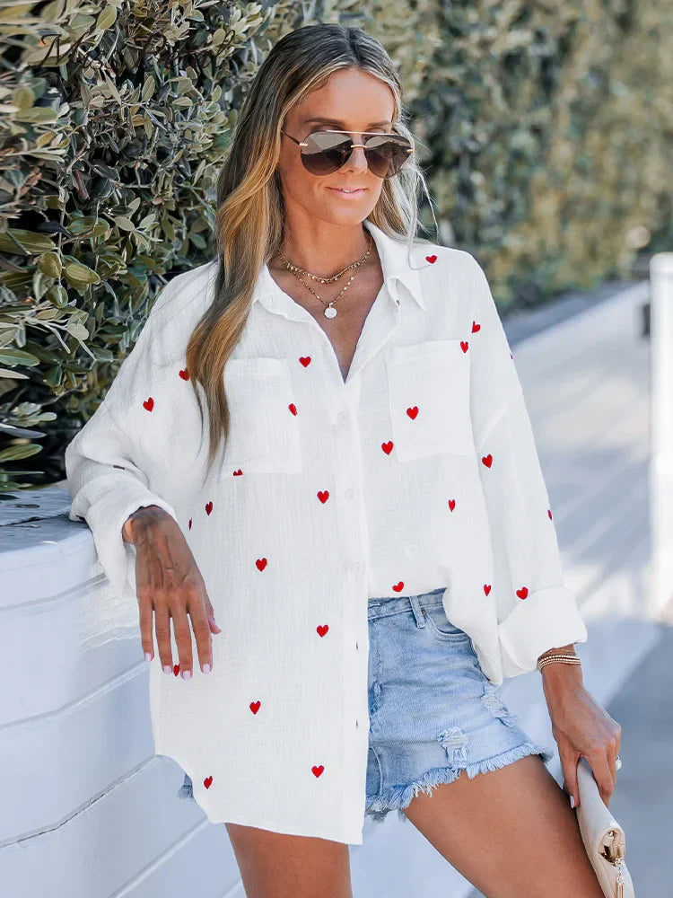 WW | Lässige Frühlingsbluse Mit Besticktem Herz Für Damen