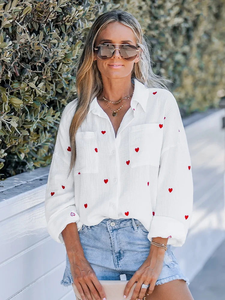 WW | Lässige Frühlingsbluse Mit Besticktem Herz Für Damen