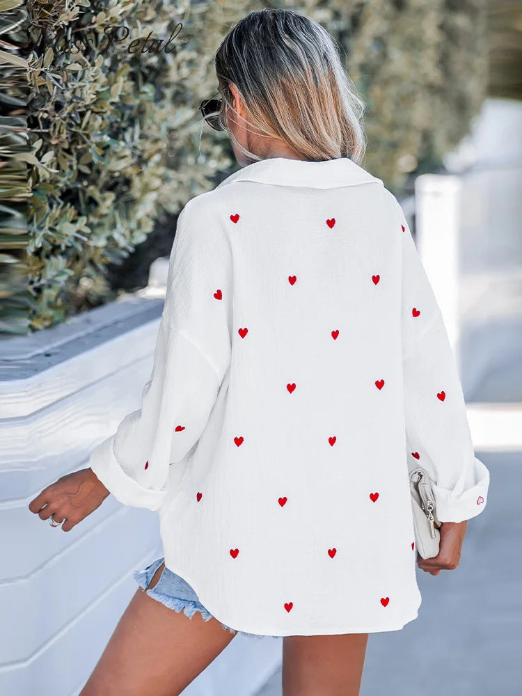 WW | Lässige Frühlingsbluse Mit Besticktem Herz Für Damen