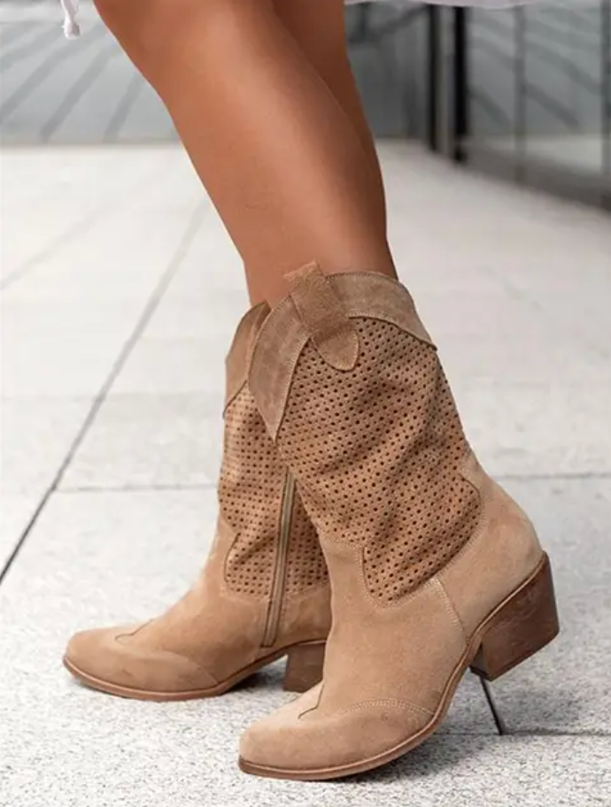 W&W Mode | Stiefel Atmungsaktiv Niedriger Absatz Cowgirl-Stiefel Damenstiefel