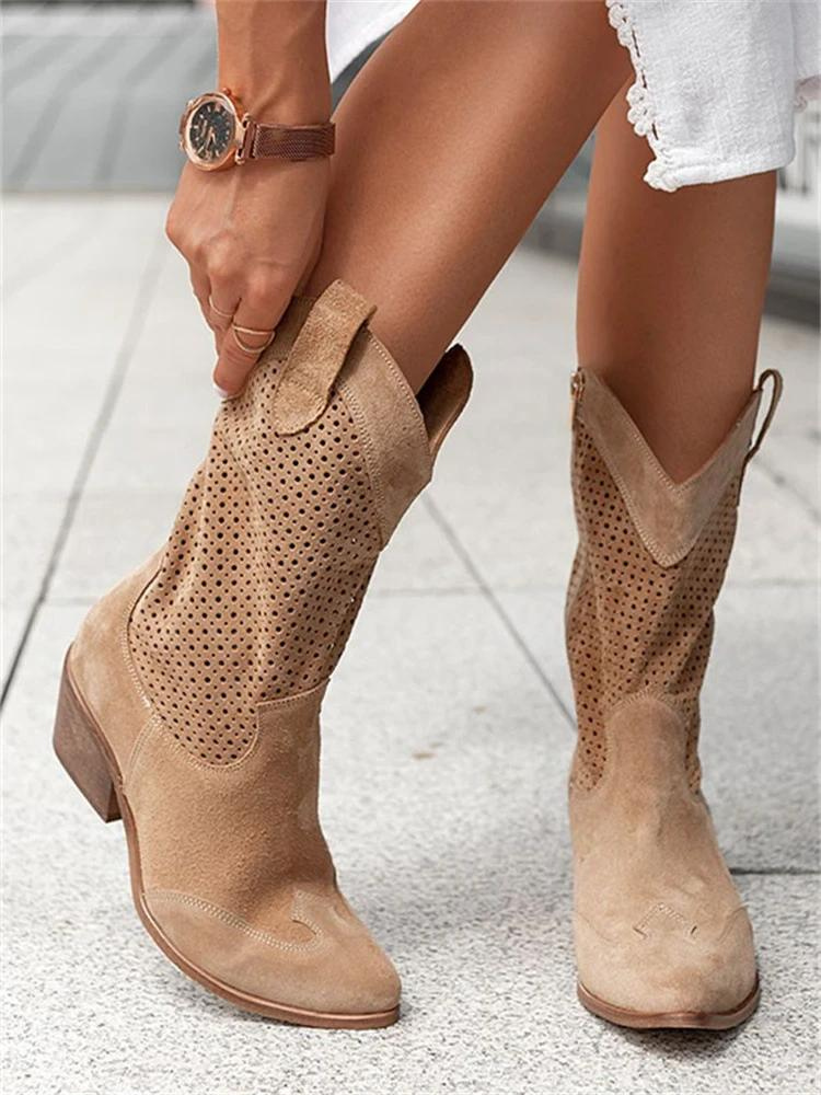 WW | Mittelhohe Wade Atmungsaktive Cowgirl Stiefel Damenstiefel