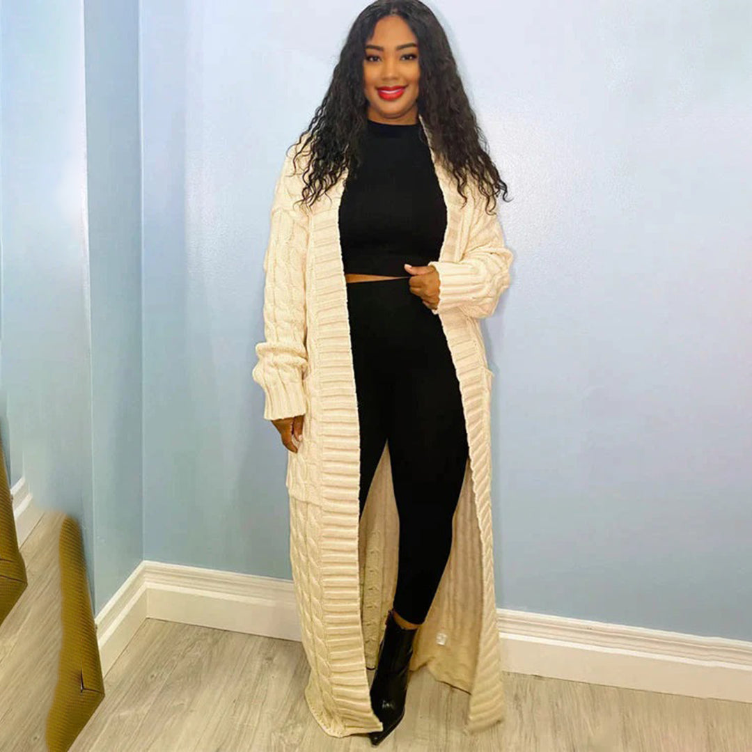 WW | Damen Strickcardigan mit Zopfmuster – Offener Oversize Mantel für Herbst & Winter