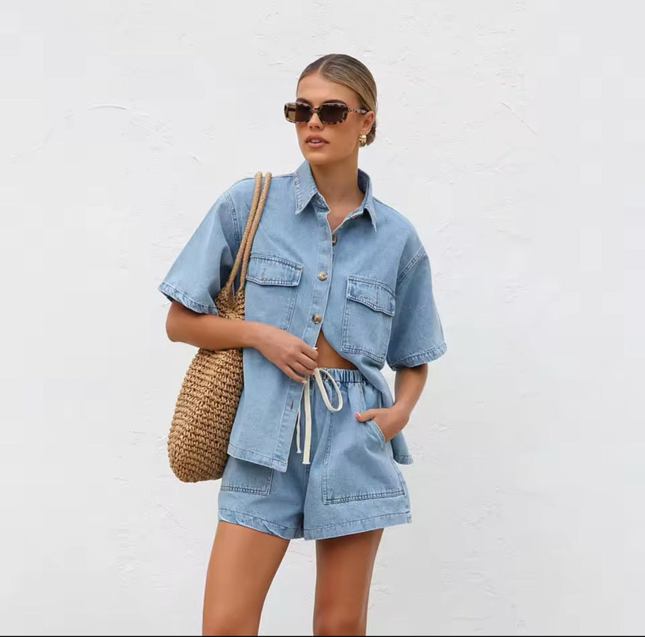 WW | Lässiges Jeans Set Mit Übergröße Hemd & Shorts
