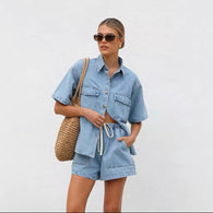 WW | Lässiges Jeans Set Mit Übergröße Hemd & Shorts