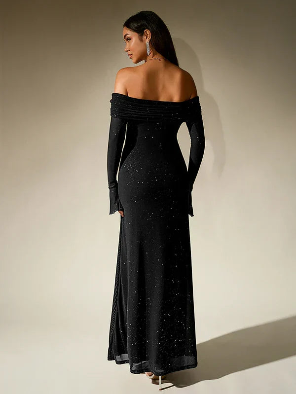 W&W Mode | Schulterfreies Abendkleid in Braun Mit Glitzer