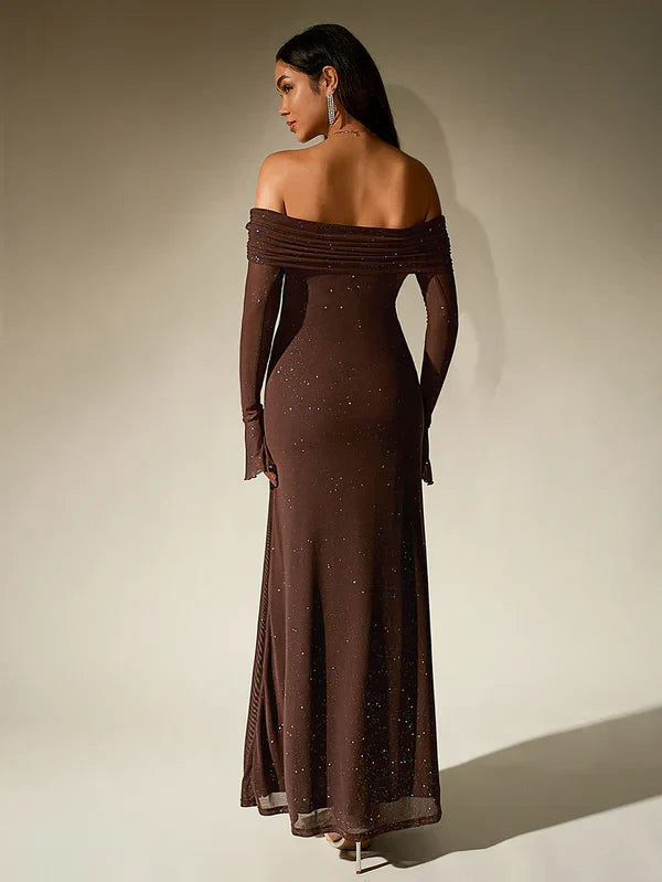 W&W Mode | Schulterfreies Abendkleid in Braun Mit Glitzer