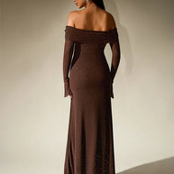 WW | Schulterfreies Abendkleid in Braun Mit Glitzer